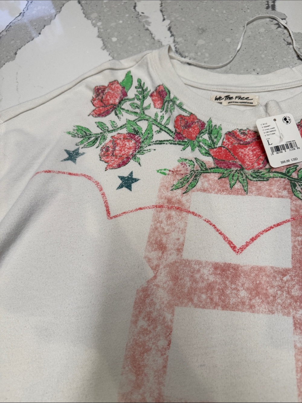 We The Free - Free People Cream Long Sleeve Tee with Pink Number & Rose Floral - Picture 3 of 8